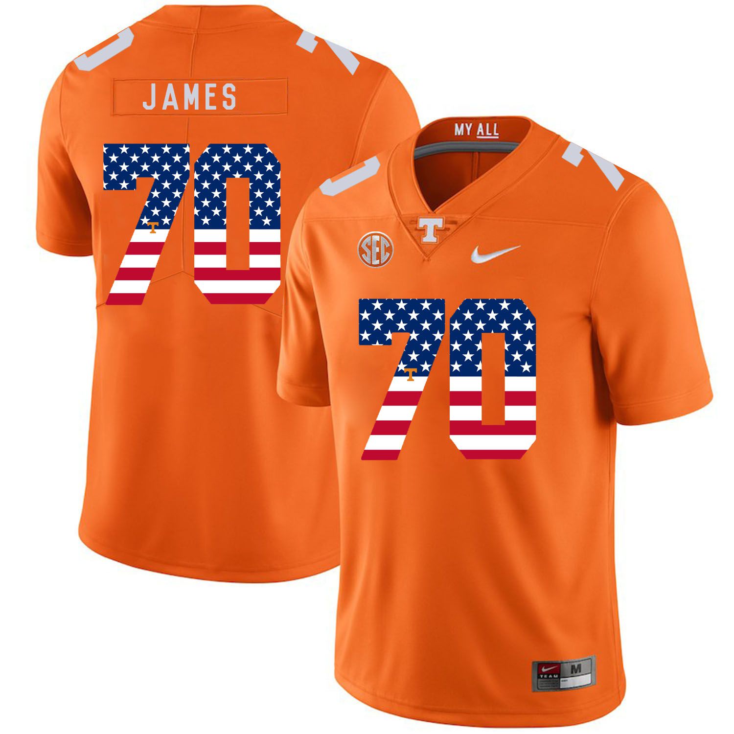 Men Tennessee Volunteers 70 James Orange Flag Customized NCAA Jerseys